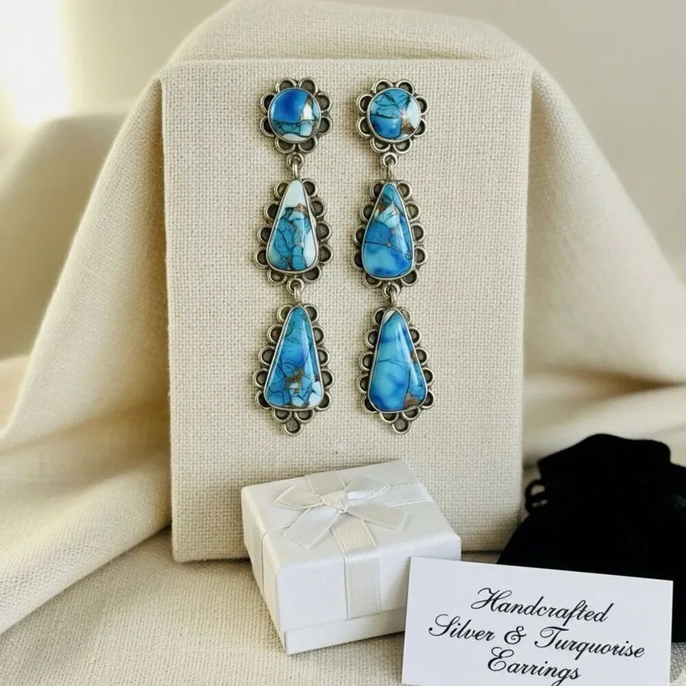 Southwestern Sterling Silver & Ice Blue Dahlia Turquoise Dangle Earrings